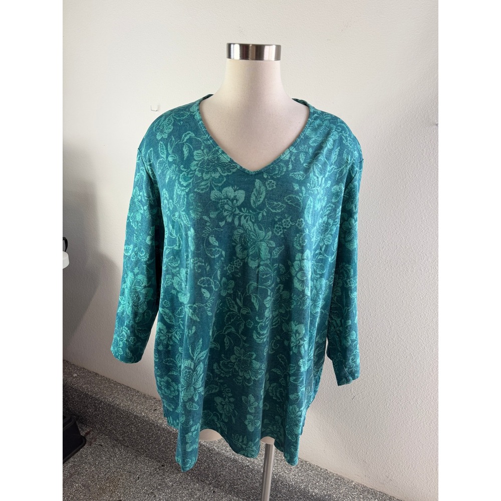 Isaac Mizrahi Live Womens Plus 5X Teal Floral V Neck Pima Cotton Tunic Top